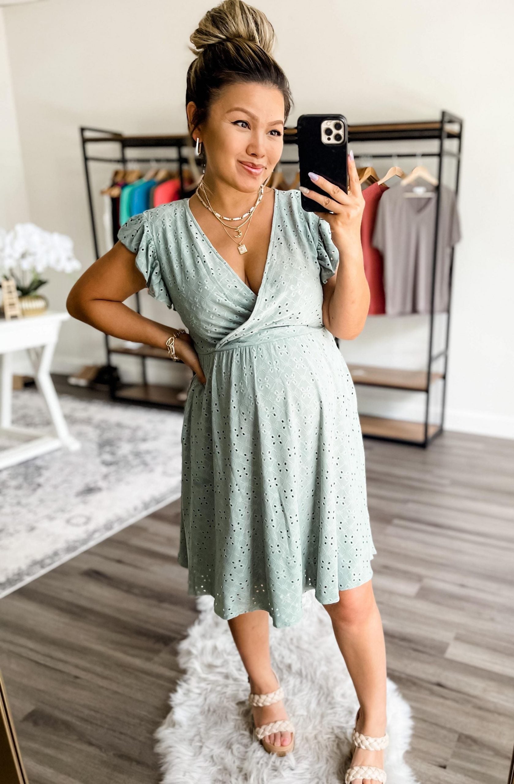 Rebecca Ruffle Eyelet Dress displayed in seven colors, showcasing its soft fabric, elastic waistband, and flattering design.