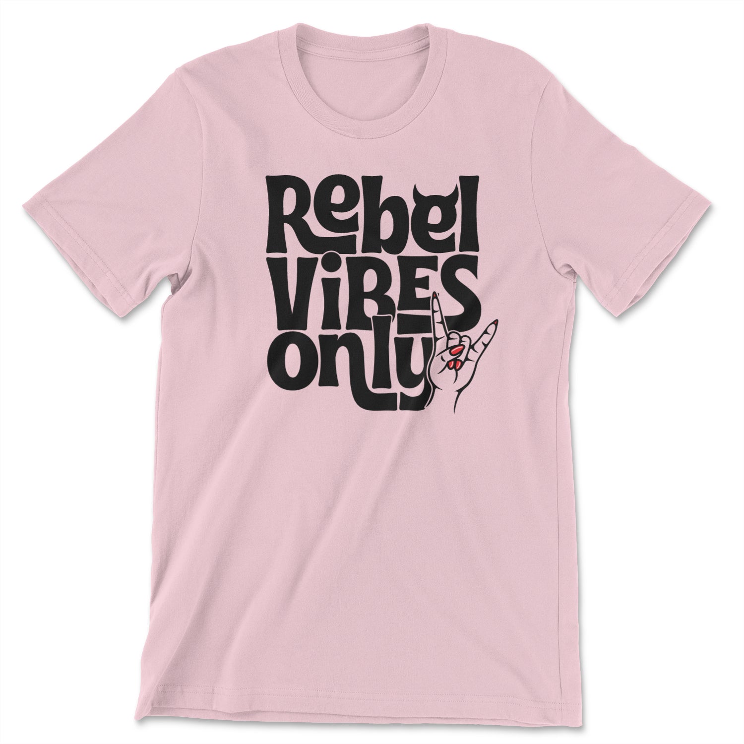 A stylish unisex t-shirt featuring the phrase 'Rebel Vibes Only', designed and printed in the USA.