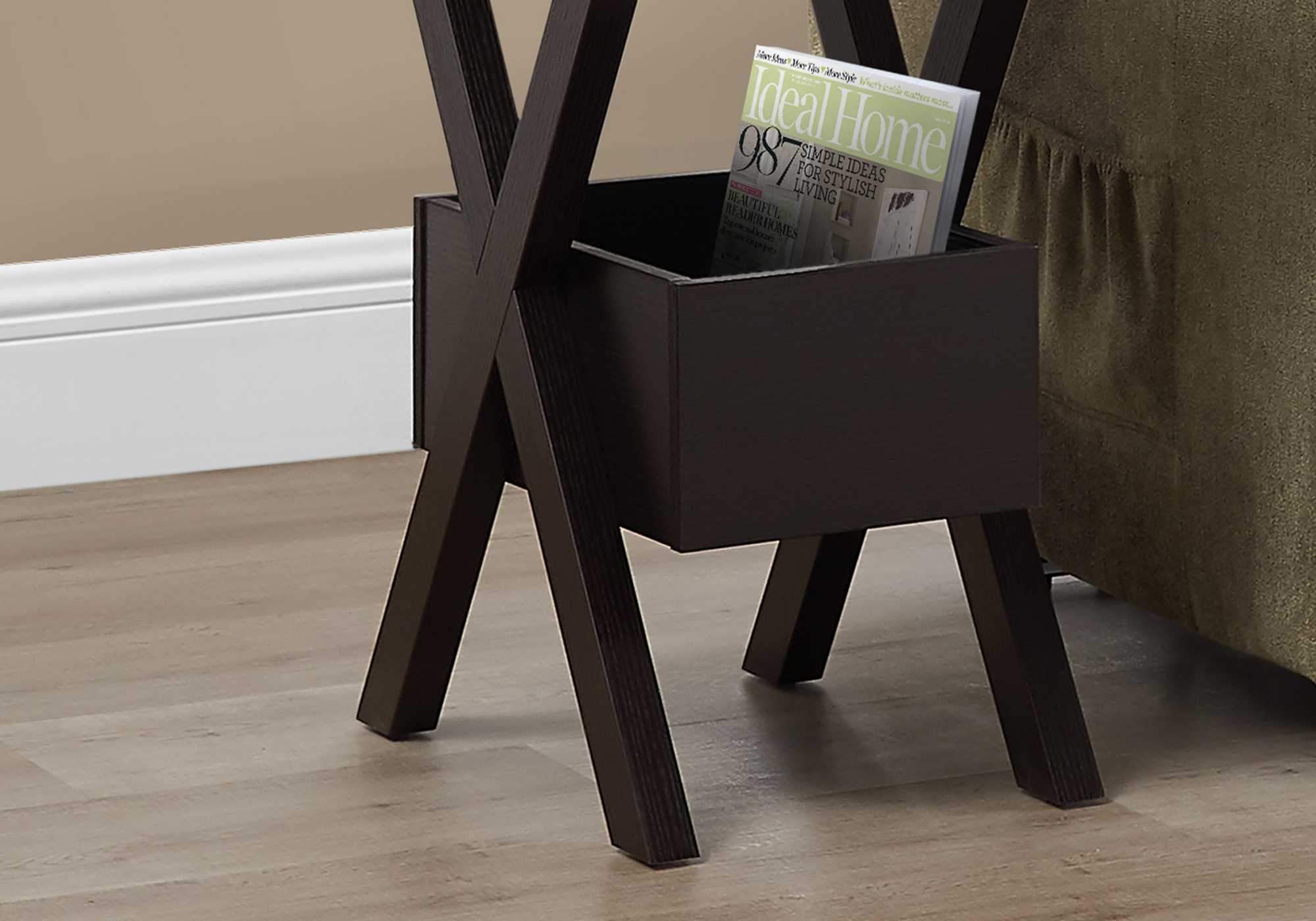 Rectangular Espresso Laminated Wood Accent Table with cross legs and open cubby for storage, showcasing a rich dark brown finish.