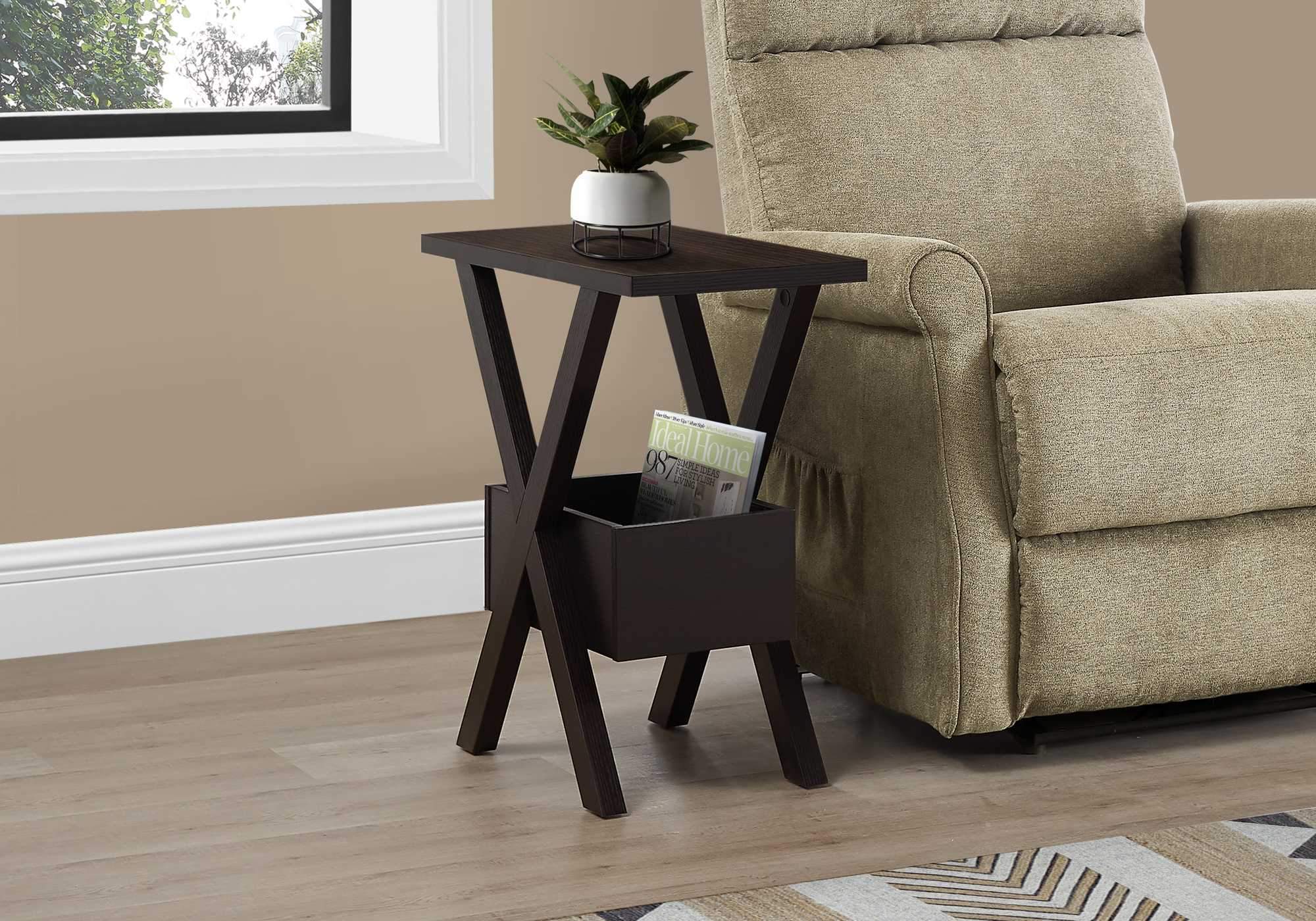 Rectangular Espresso Laminated Wood Accent Table with cross legs and open cubby for storage, showcasing a rich dark brown finish.