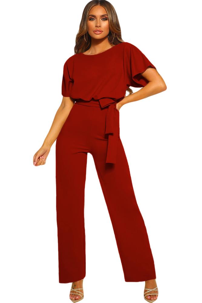 A stylish red jumpsuit featuring short sleeves, a belted waist, and wide leg design, perfect for summer occasions.