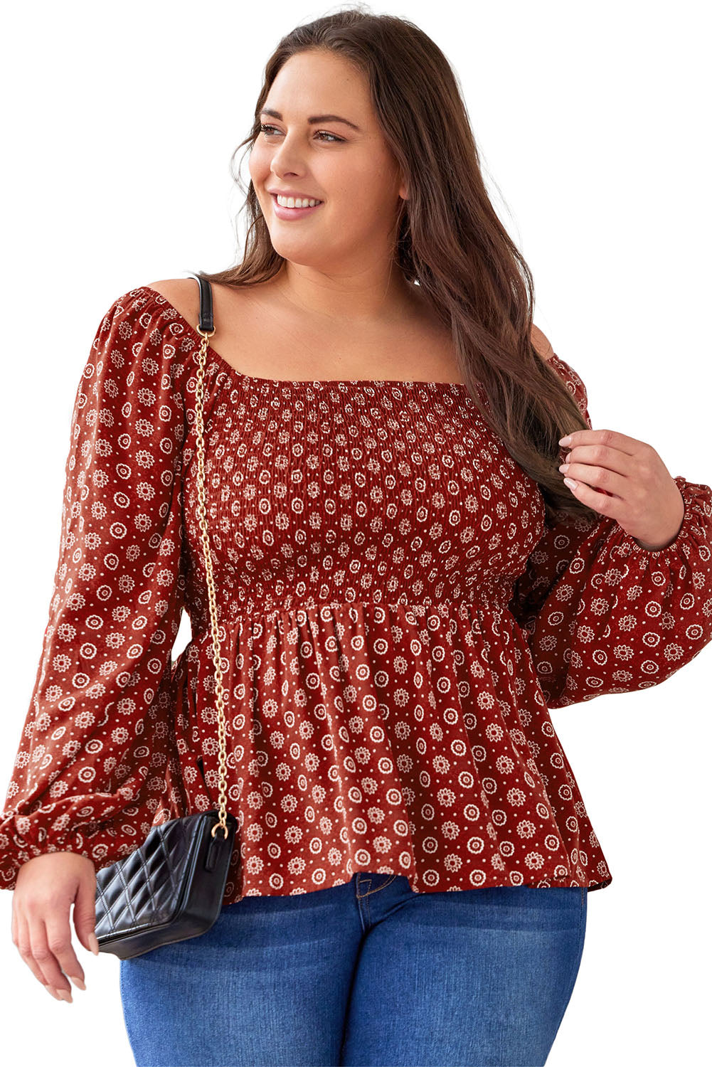 A stylish red plus size square neck printed peplum top, featuring a flattering shirred neckline and elegant pattern print, perfect for various outfits.