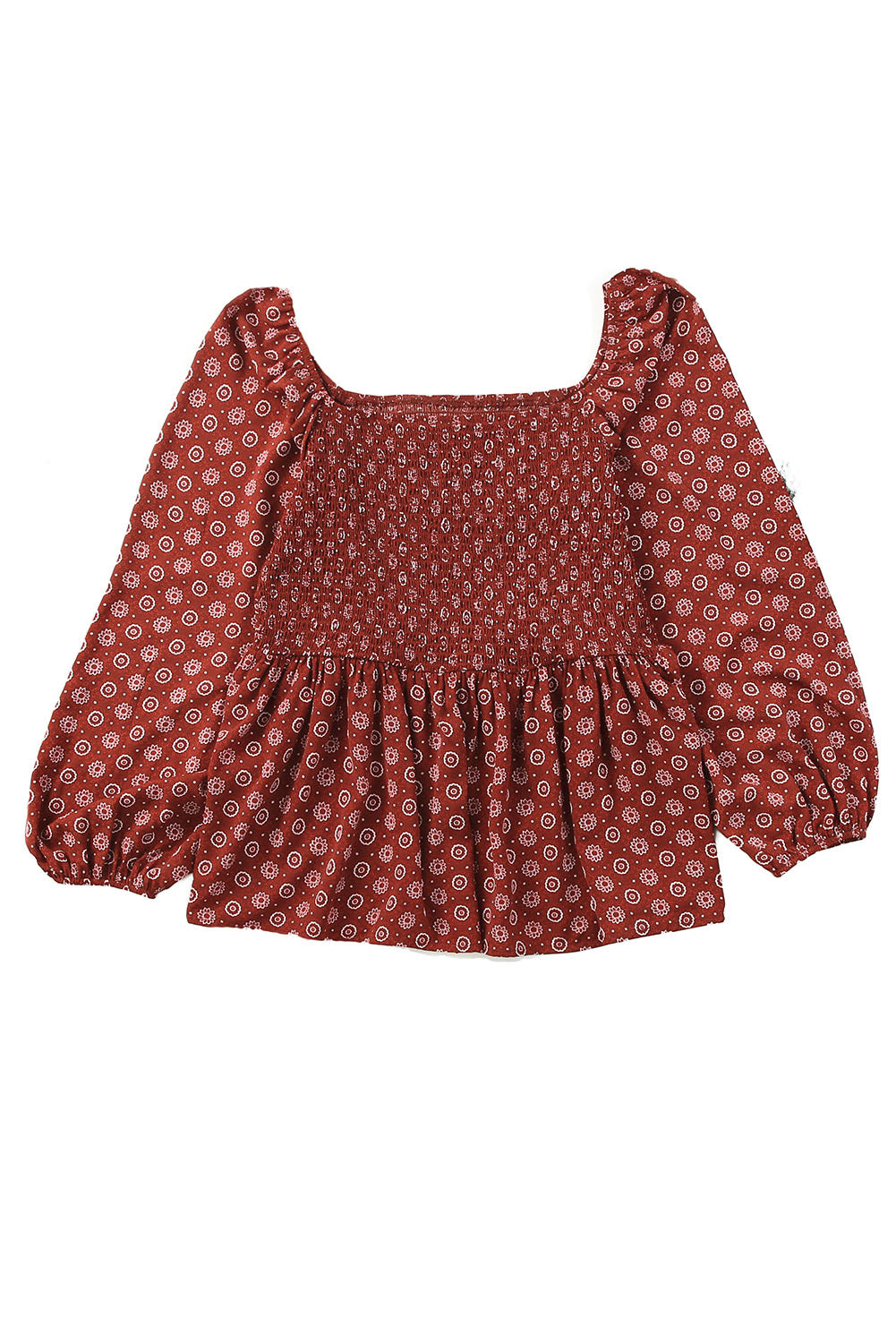 A stylish red plus size square neck printed peplum top, featuring a flattering shirred neckline and elegant pattern print, perfect for various outfits.