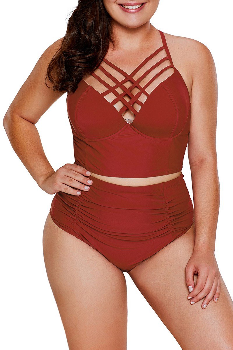 A stylish red strappy neck detail swimsuit with padded cups and high waist bottom, perfect for summer beach outings.
