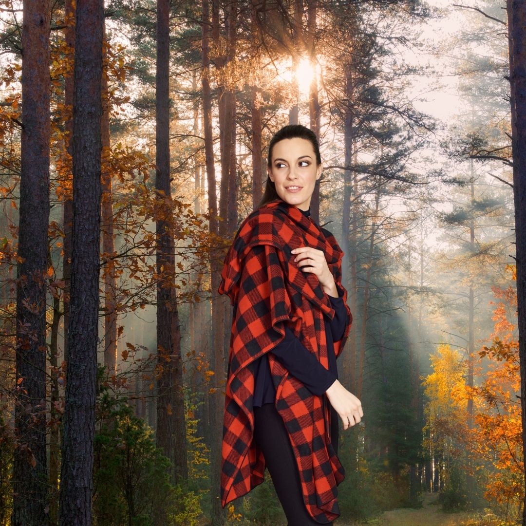 Red and black buffalo print premium mountain fleece cape, showcasing its cozy and stylish design, perfect for fall and winter wear.