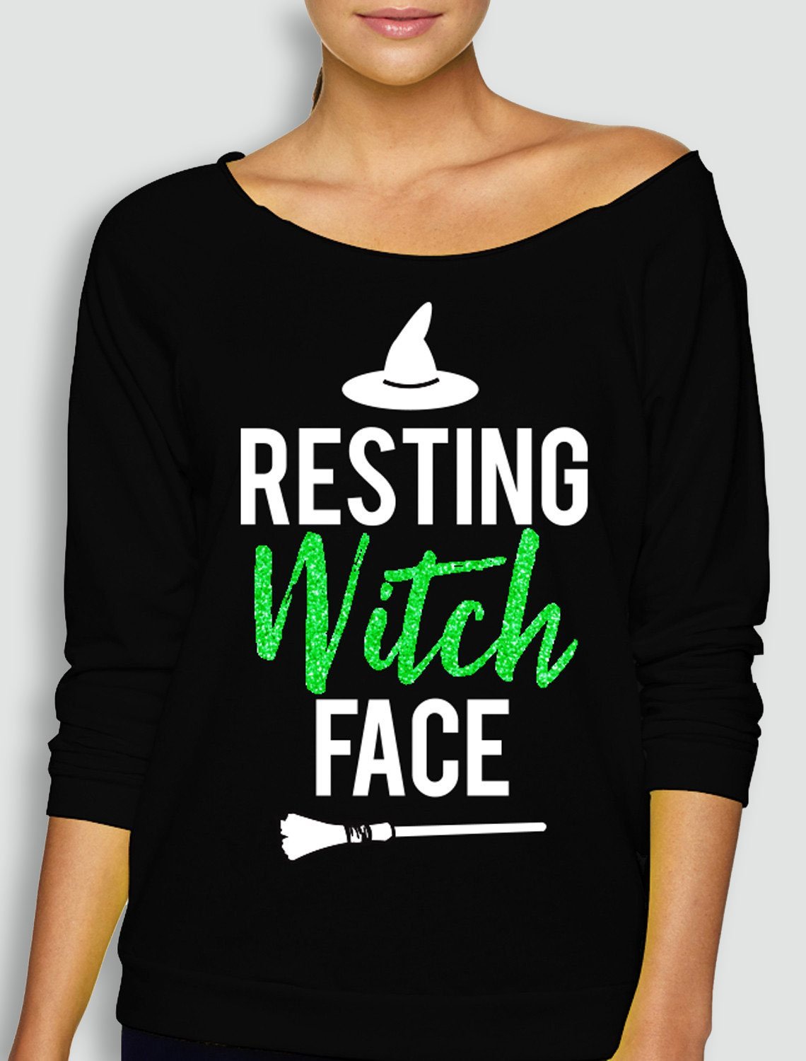 RESTING WITCH FACE Halloween slouchy sweatshirt with green glitter print, showcasing a stylish long sleeve design.