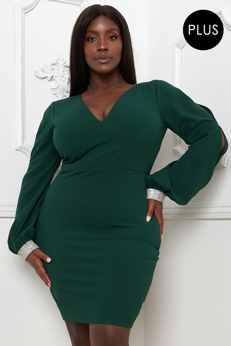 Rhinestone Cuffs Plus Size Mini Dress in hunter green with balloon long sleeves and rhinestone accents.