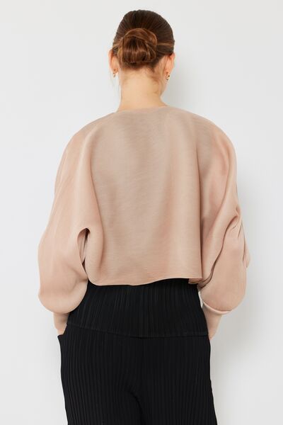 Rib pleated puff sleeve bolero cardigan in a stylish design, featuring ribbed texture and feminine puff sleeves, perfect for layering.