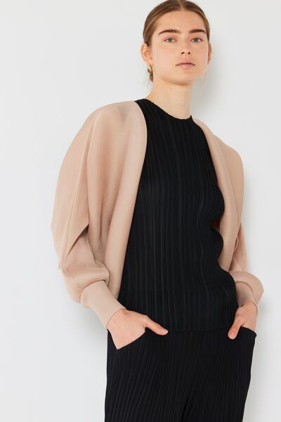 Rib pleated puff sleeve bolero cardigan in a stylish design, featuring ribbed texture and feminine puff sleeves, perfect for layering.