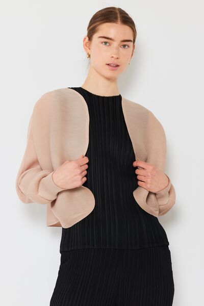 Rib pleated puff sleeve bolero cardigan in a stylish design, featuring ribbed texture and feminine puff sleeves, perfect for layering.