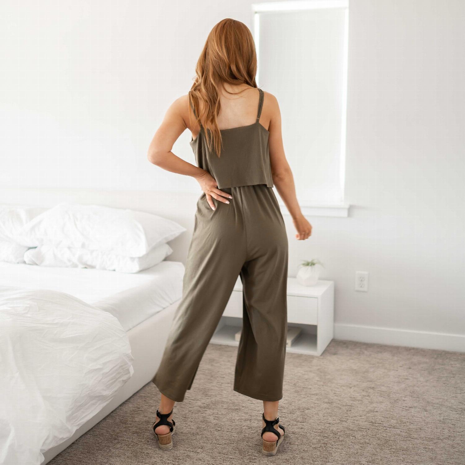 Ribbed Double Layer Jumpsuit featuring a stylish design with a cropped top and palazzo pants, perfect for summer wear.