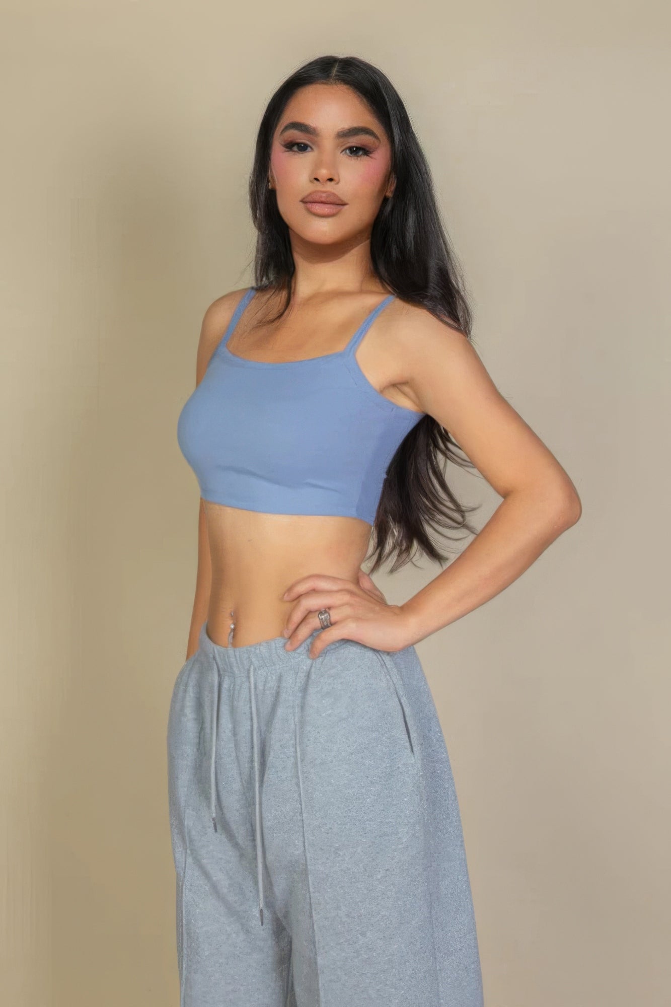 Ribbed Knit Cami Crop Top in light grey, showcasing its stylish ribbed texture and slim fit design.