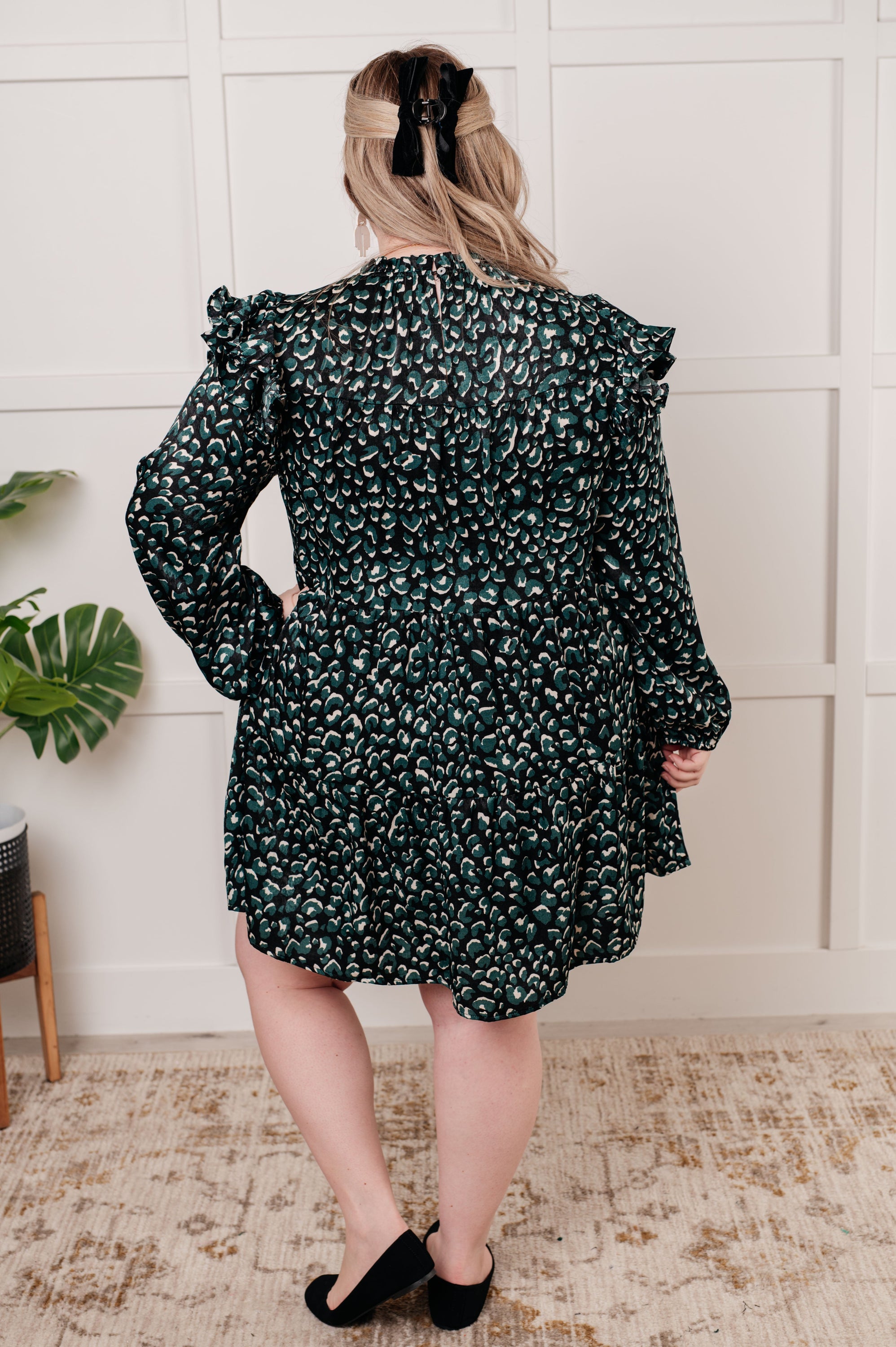 Right As Rain Ruffle Detail Dress featuring a dotted satin print, frill mock neckline, layered cap shoulders, and ruffle details.