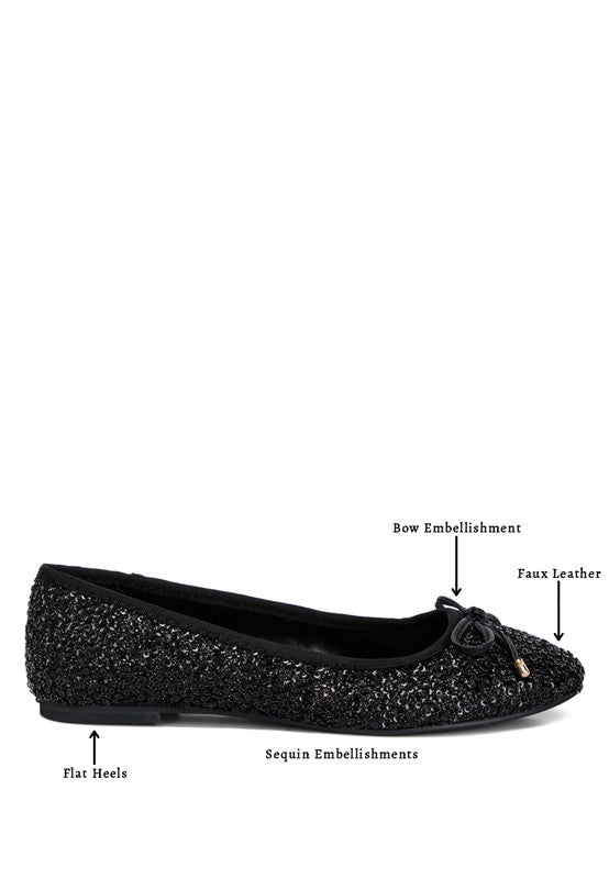 Ringo Sequin Embellished Ballet Flats featuring a shimmering sequin exterior, faux leather upper, and elegant bow embellishment.