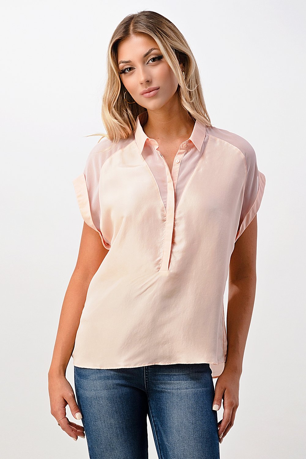 Elegant silk short sleeve V neck blouse top in various colors, showcasing its luxurious fabric and stylish design.