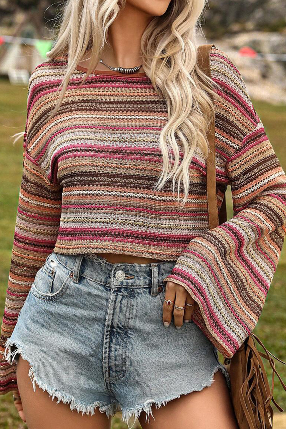 Rose Red Ethnic Striped Wide Cropped Long Sleeve Top featuring vibrant ethnic stripes and wide sleeves, perfect for stylish casual wear.