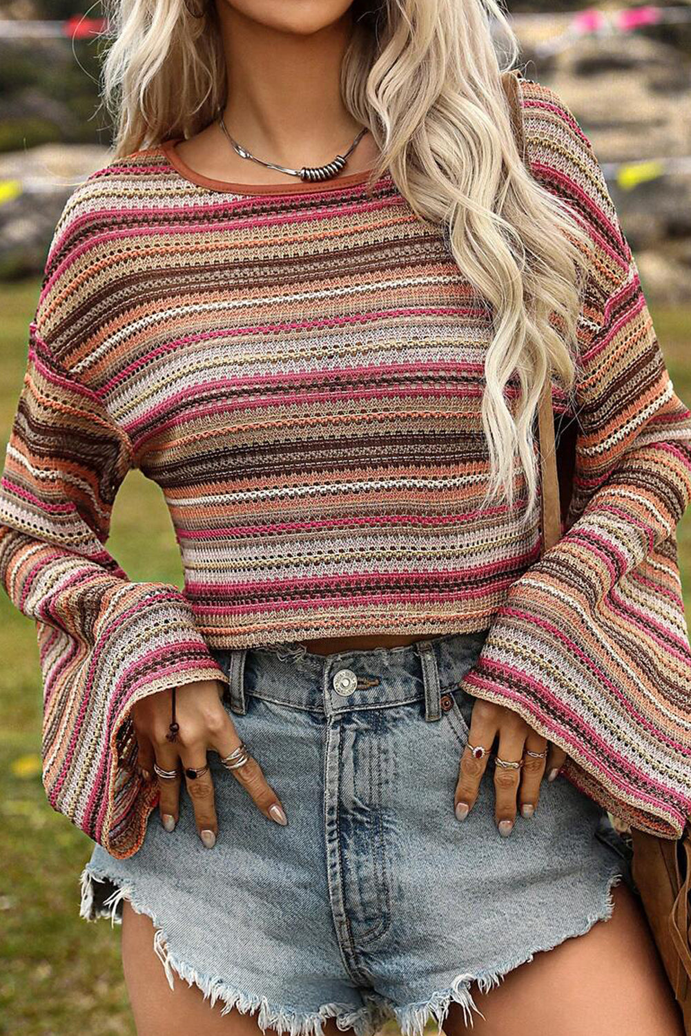 Rose Red Ethnic Striped Wide Cropped Long Sleeve Top featuring vibrant ethnic stripes and wide sleeves, perfect for stylish casual wear.