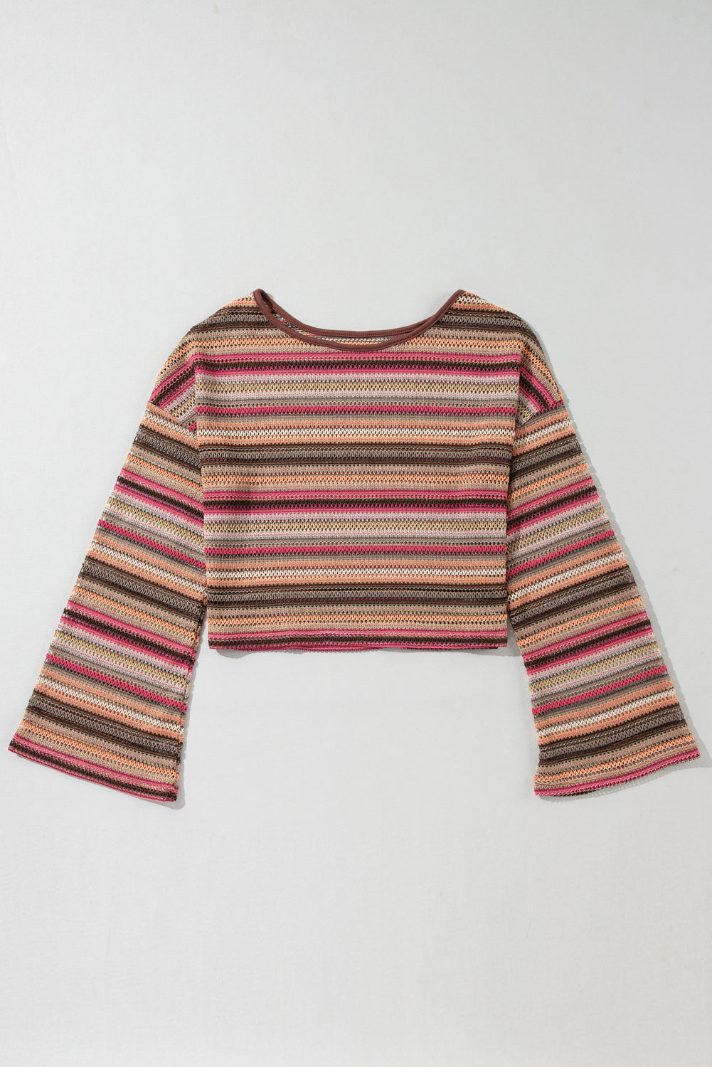 Rose Red Ethnic Striped Wide Cropped Long Sleeve Top featuring vibrant ethnic stripes and wide sleeves, perfect for stylish casual wear.