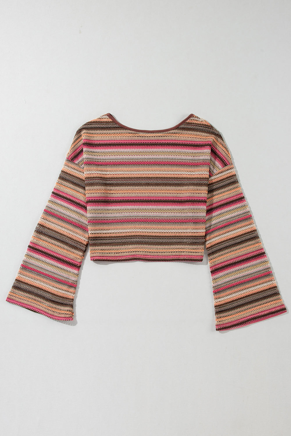 Rose Red Ethnic Striped Wide Cropped Long Sleeve Top featuring vibrant ethnic stripes and wide sleeves, perfect for stylish casual wear.