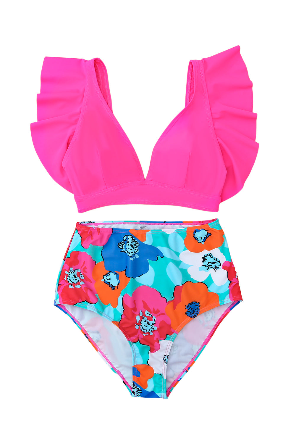 Rose V Neck Ruffles Floral Print High Waist Bikini featuring a v-neck top with ruffles and a floral print bottom, perfect for summer.