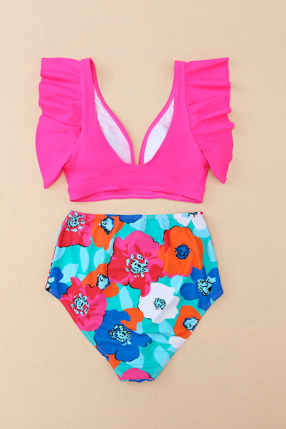 Rose V Neck Ruffles Floral Print High Waist Bikini featuring a v-neck top with ruffles and a floral print bottom, perfect for summer.