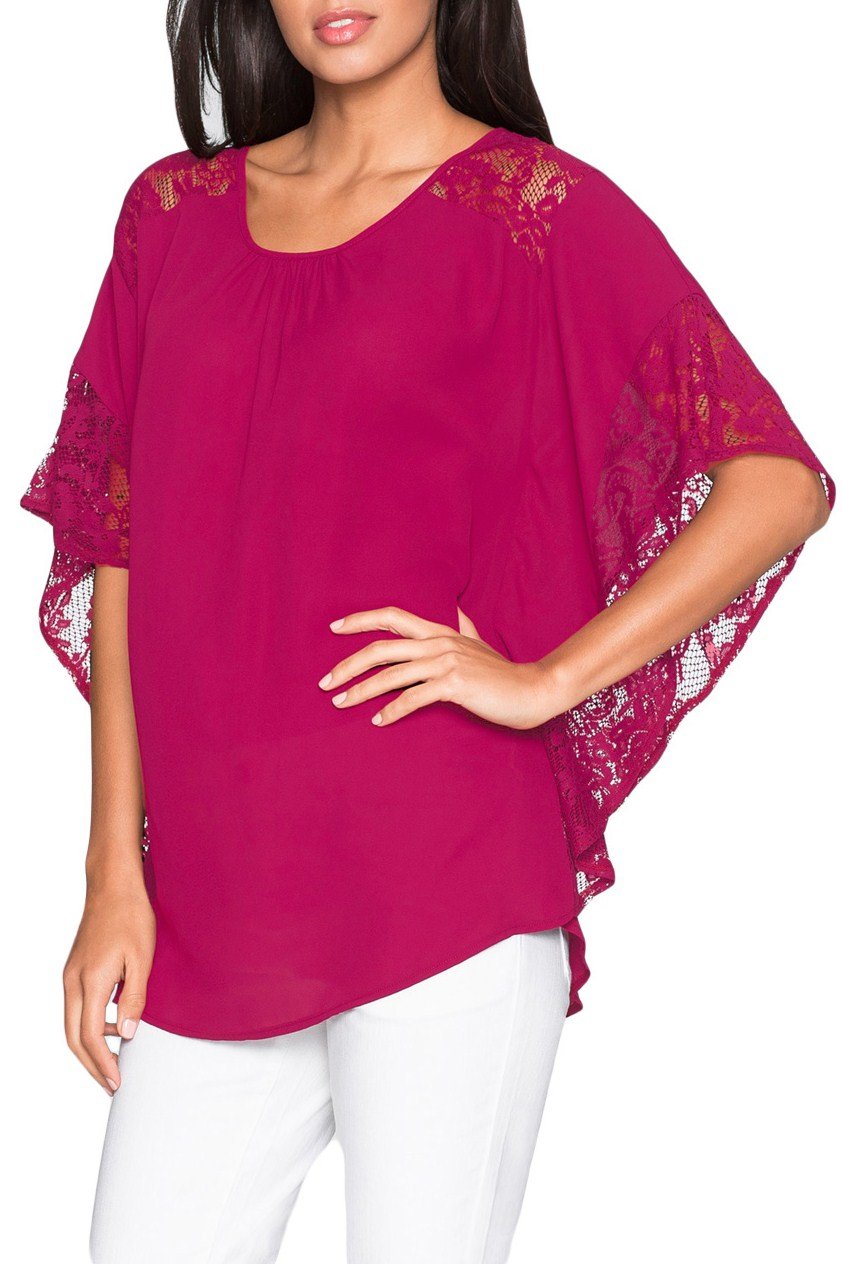 Rosy Lace Splice Batwing Sleeve Chiffon Blouse featuring floral lace insert and relaxed fit, perfect for summer wear.