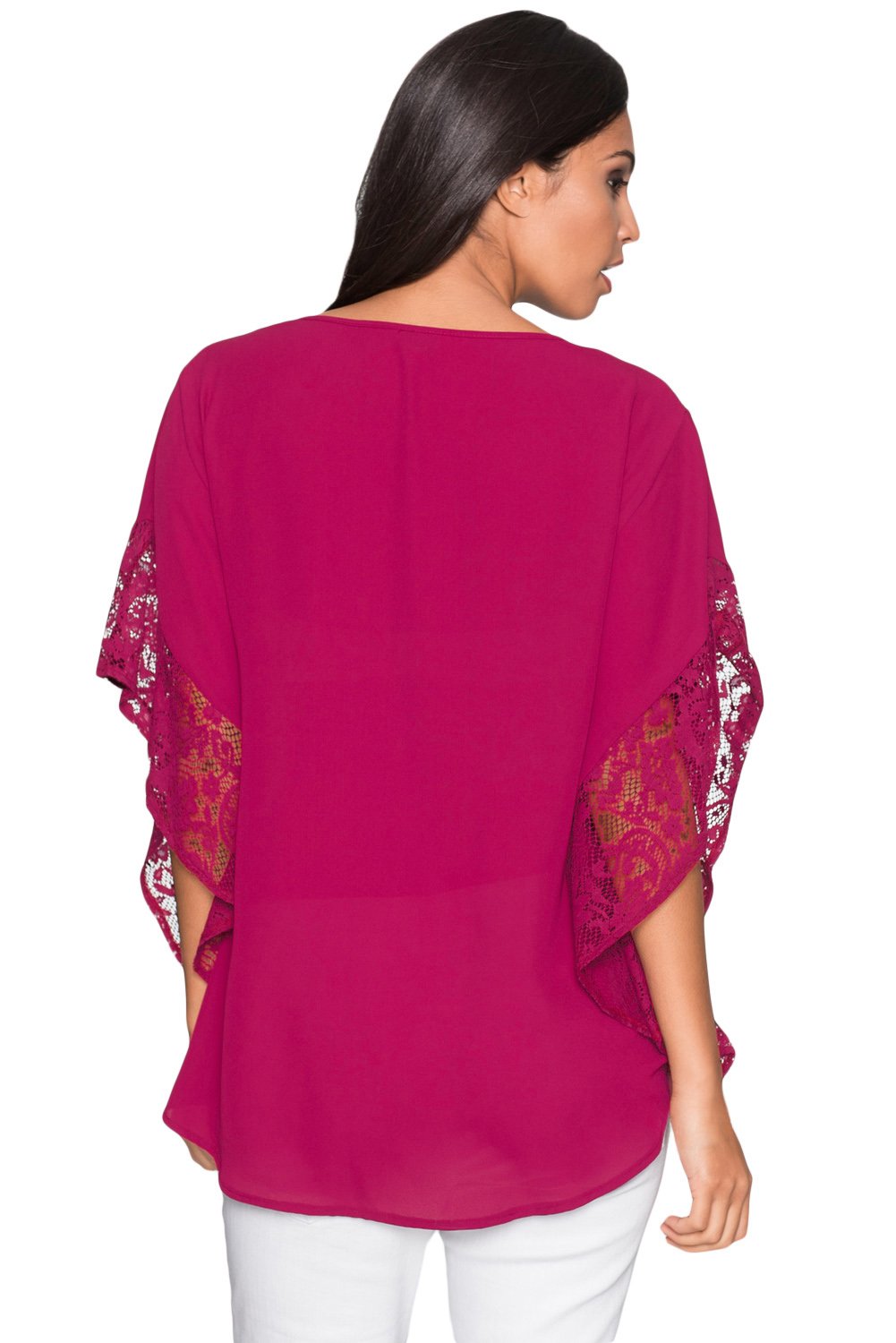 Rosy Lace Splice Batwing Sleeve Chiffon Blouse featuring floral lace insert and relaxed fit, perfect for summer wear.