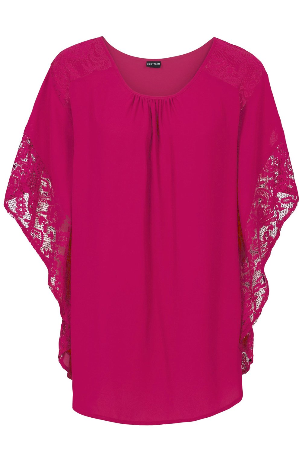 Rosy Lace Splice Batwing Sleeve Chiffon Blouse featuring floral lace insert and relaxed fit, perfect for summer wear.