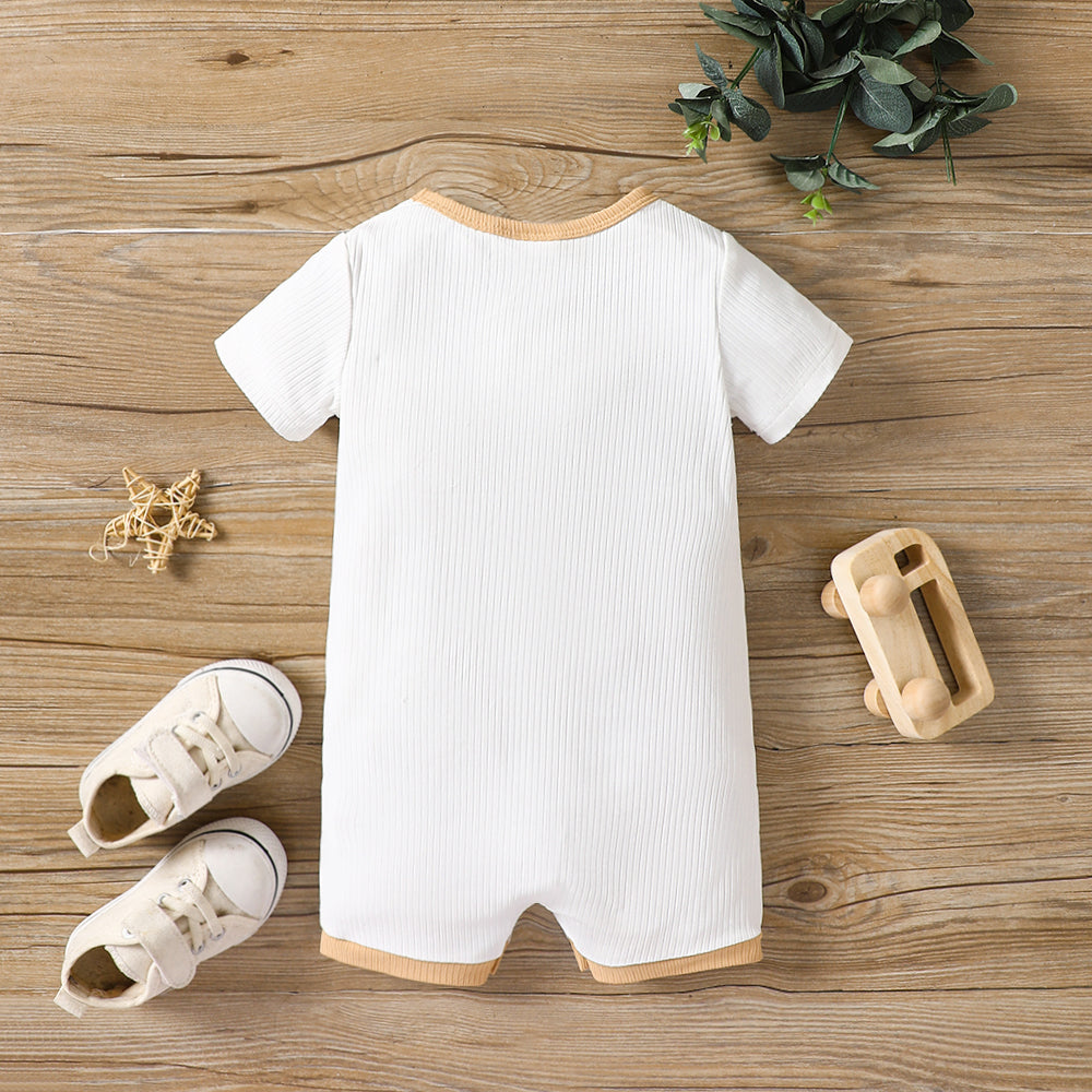 Round neck buttoned short sleeve jumpsuit for infants, featuring a solid pattern and comfortable fit, ideal for casual wear.