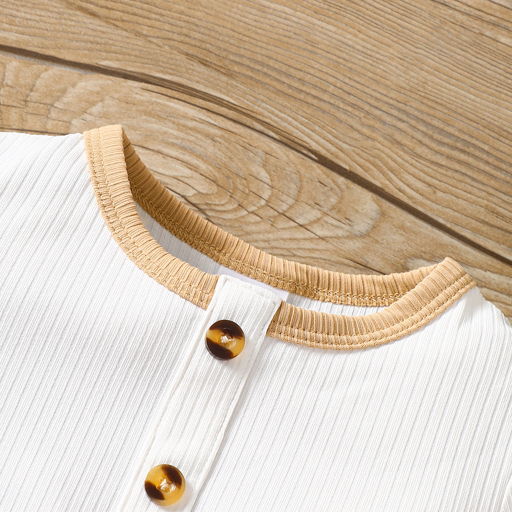 Round neck buttoned short sleeve jumpsuit for infants, featuring a solid pattern and comfortable fit, ideal for casual wear.