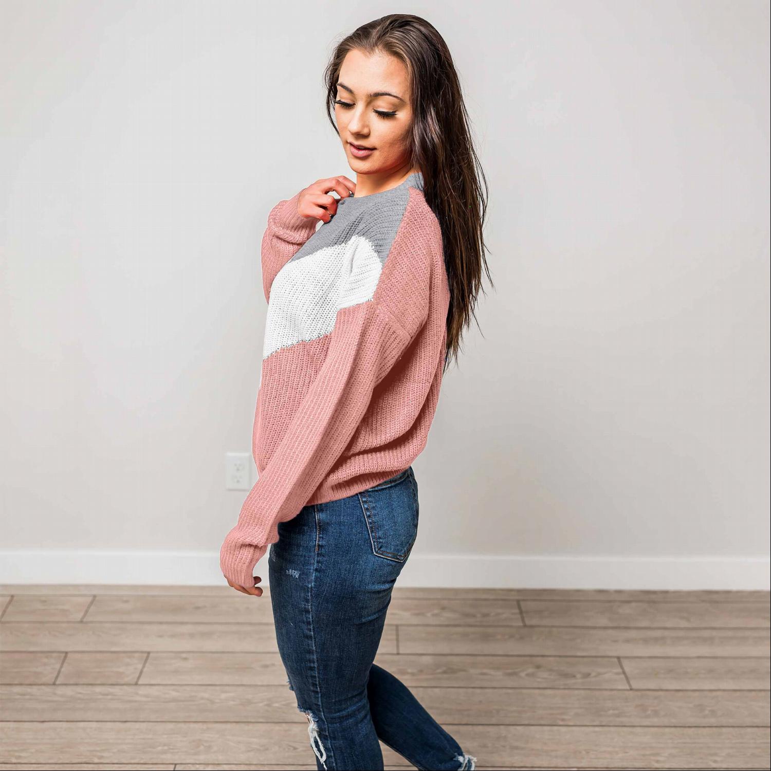 A stylish Round Neck Long Sleeve Chevron Colorblock Sweater featuring a trendy chevron pattern in vibrant colors, perfect for winter wear.