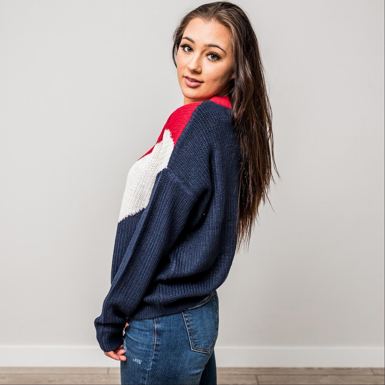 A stylish Round Neck Long Sleeve Chevron Colorblock Sweater featuring a trendy chevron pattern in vibrant colors, perfect for winter wear.