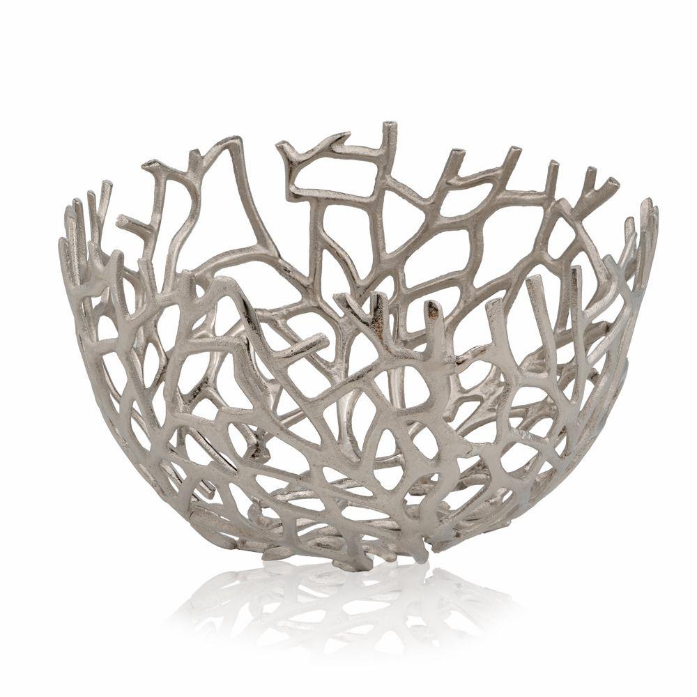 Round Silver Twigs Centerpiece Bowl made of high-grade aluminum, featuring a contemporary design with a shiny silver finish.