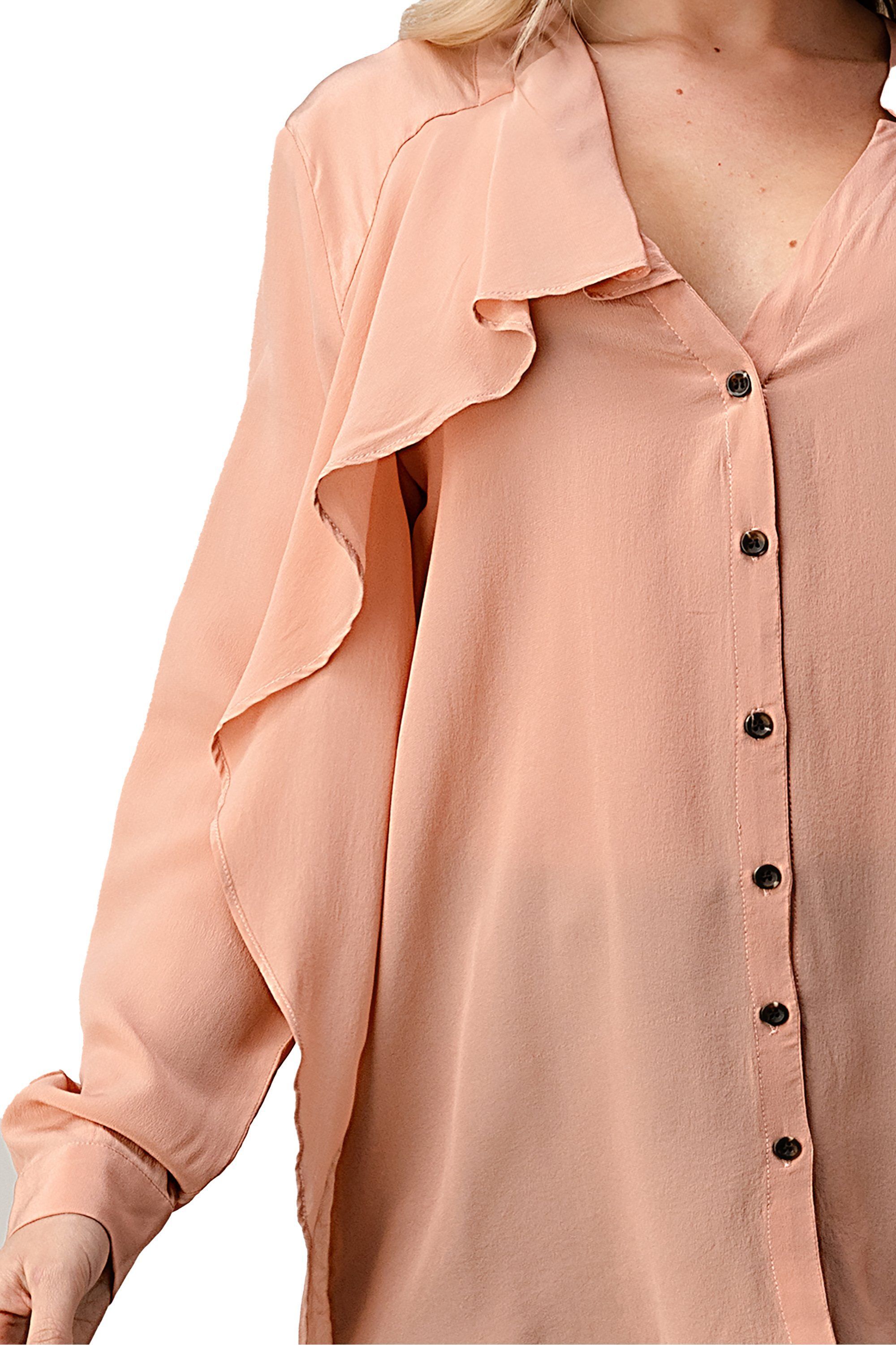 A stylish Ruffled Neck Button Front Shirt with long sleeves made from 100% silk, showcasing its elegant ruffled neckline and luxurious fabric.