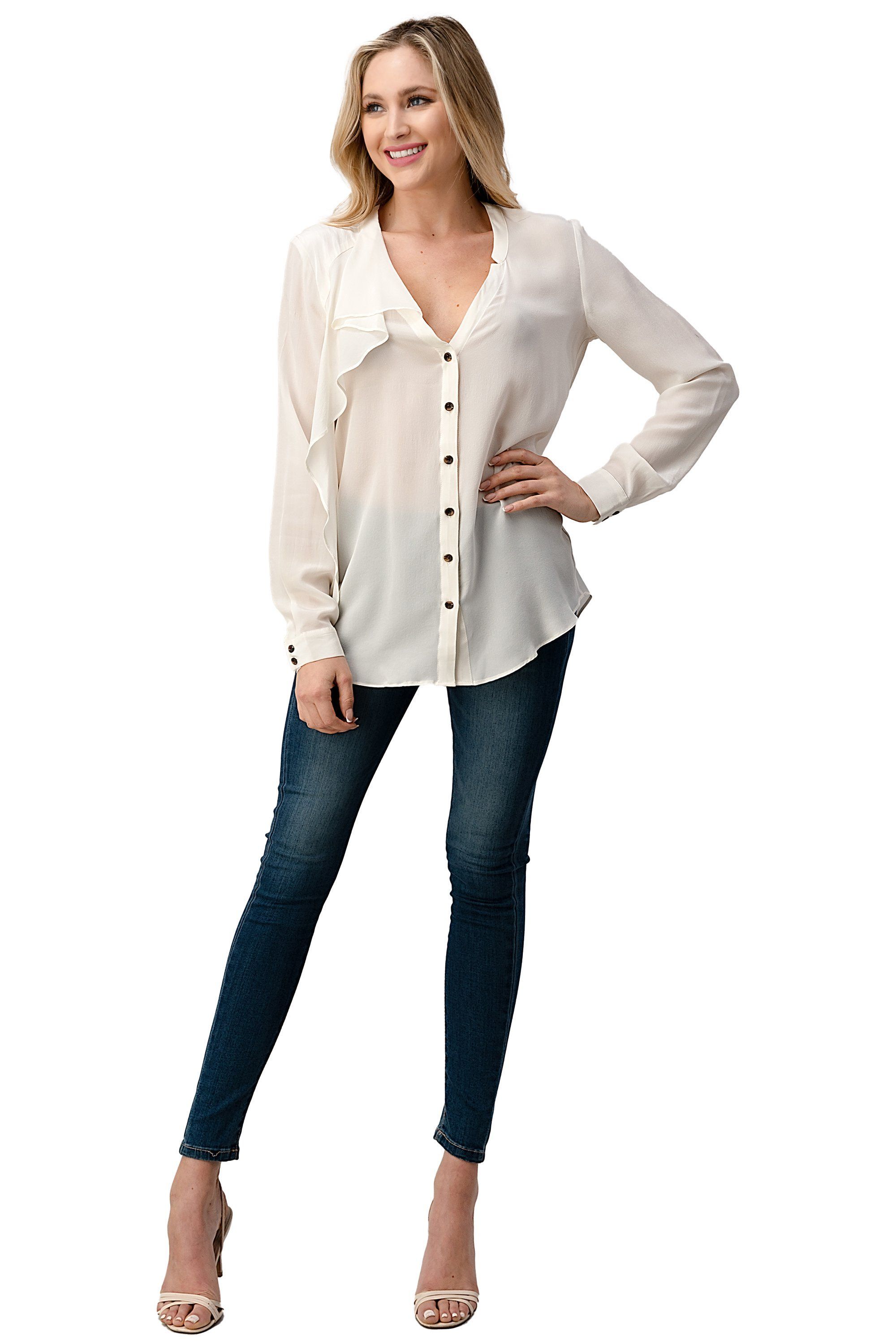 A stylish Ruffled Neck Button Front Shirt with long sleeves made from 100% silk, showcasing its elegant ruffled neckline and luxurious fabric.