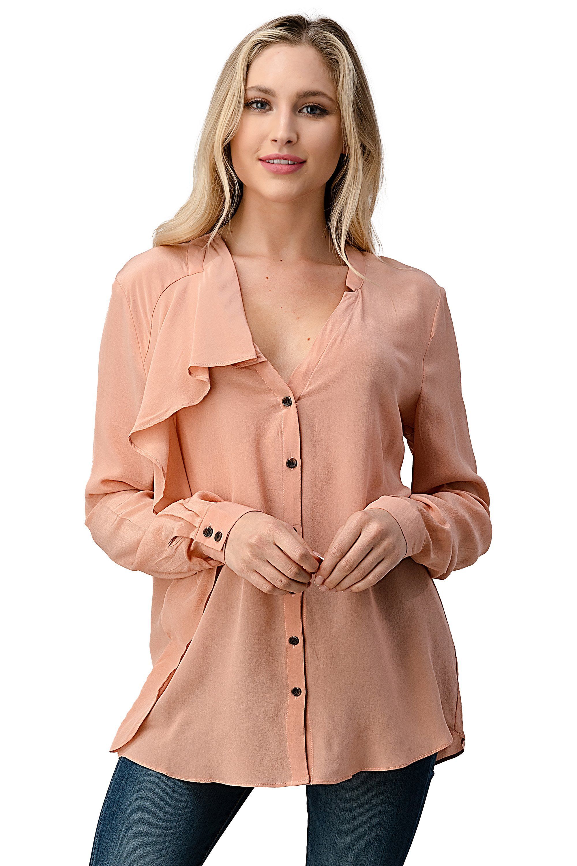 A stylish Ruffled Neck Button Front Shirt with long sleeves made from 100% silk, showcasing its elegant ruffled neckline and luxurious fabric.
