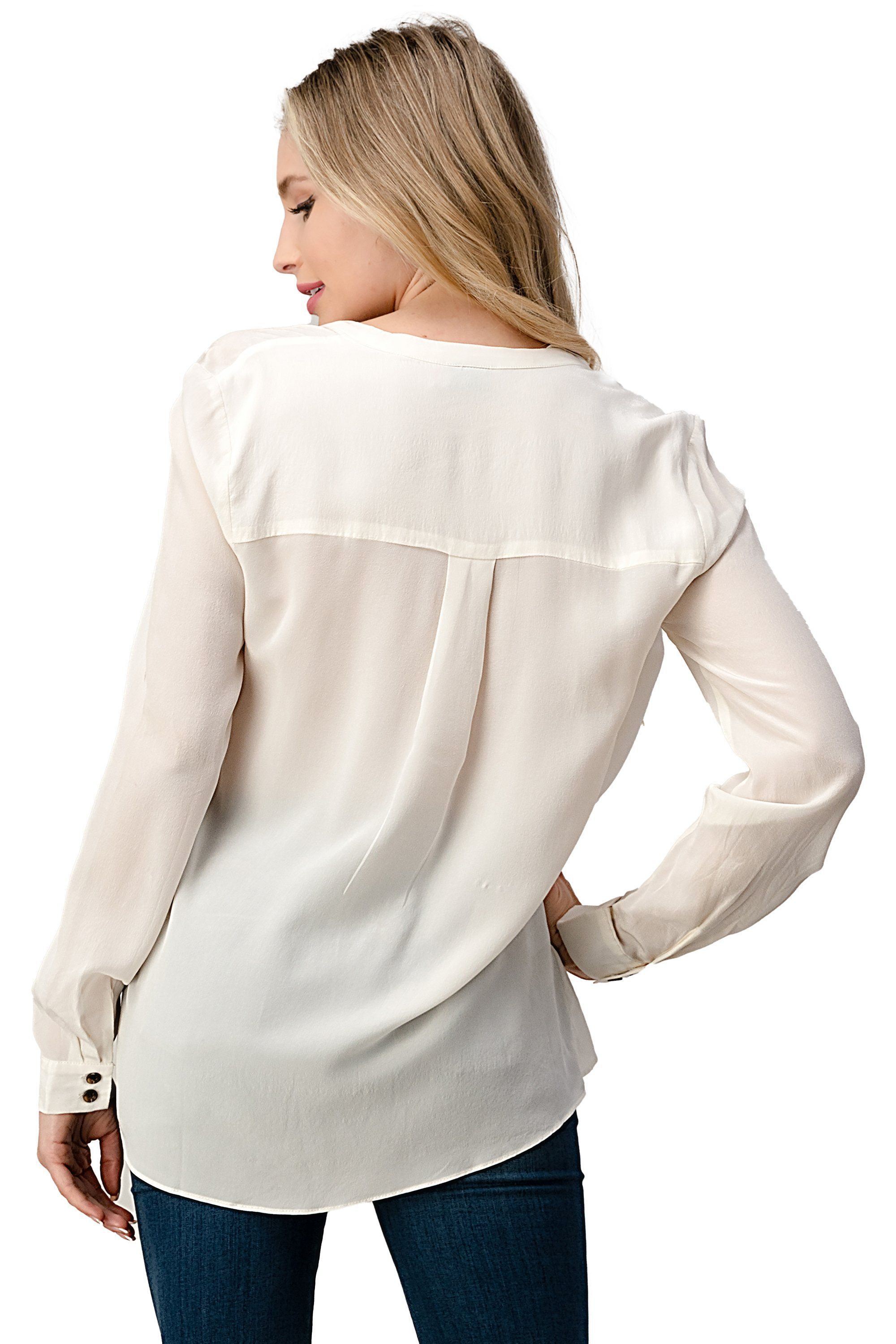 A stylish Ruffled Neck Button Front Shirt with long sleeves made from 100% silk, showcasing its elegant ruffled neckline and luxurious fabric.
