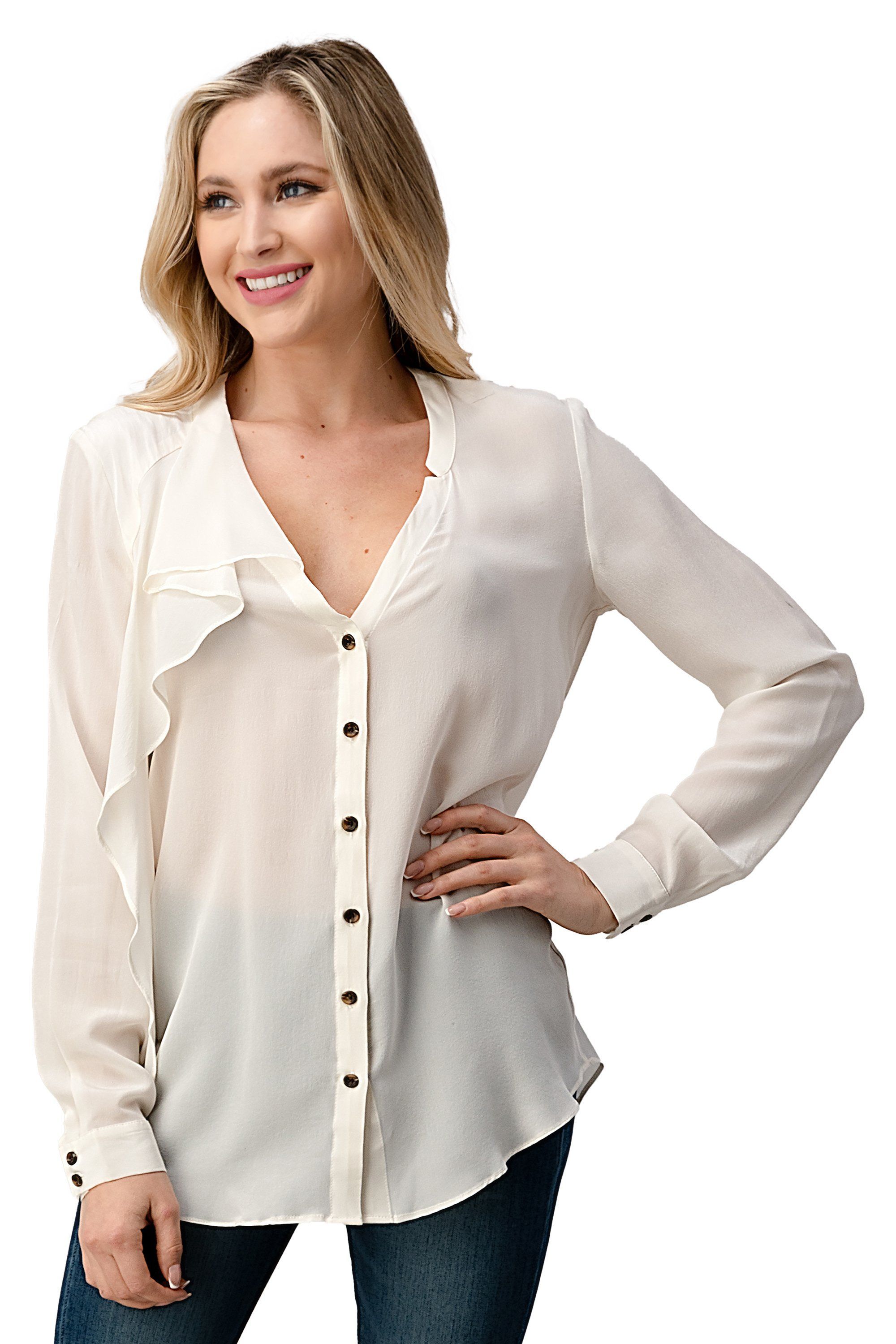 A stylish Ruffled Neck Button Front Shirt with long sleeves made from 100% silk, showcasing its elegant ruffled neckline and luxurious fabric.