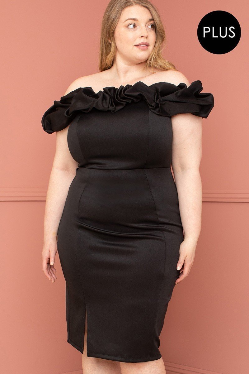 A stylish black ruffle off the shoulder plus size midi dress, featuring short sleeves and a bodycon fit, perfect for various occasions.