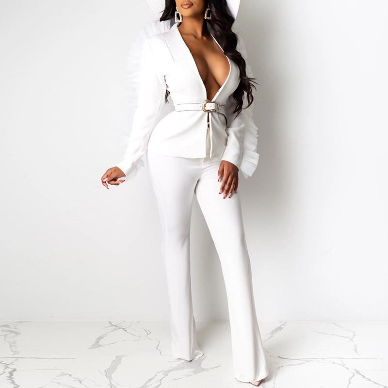 A stylish white blazer jumpsuit featuring ruffle decorations, designed for office ladies, showcasing a modern and elegant look.