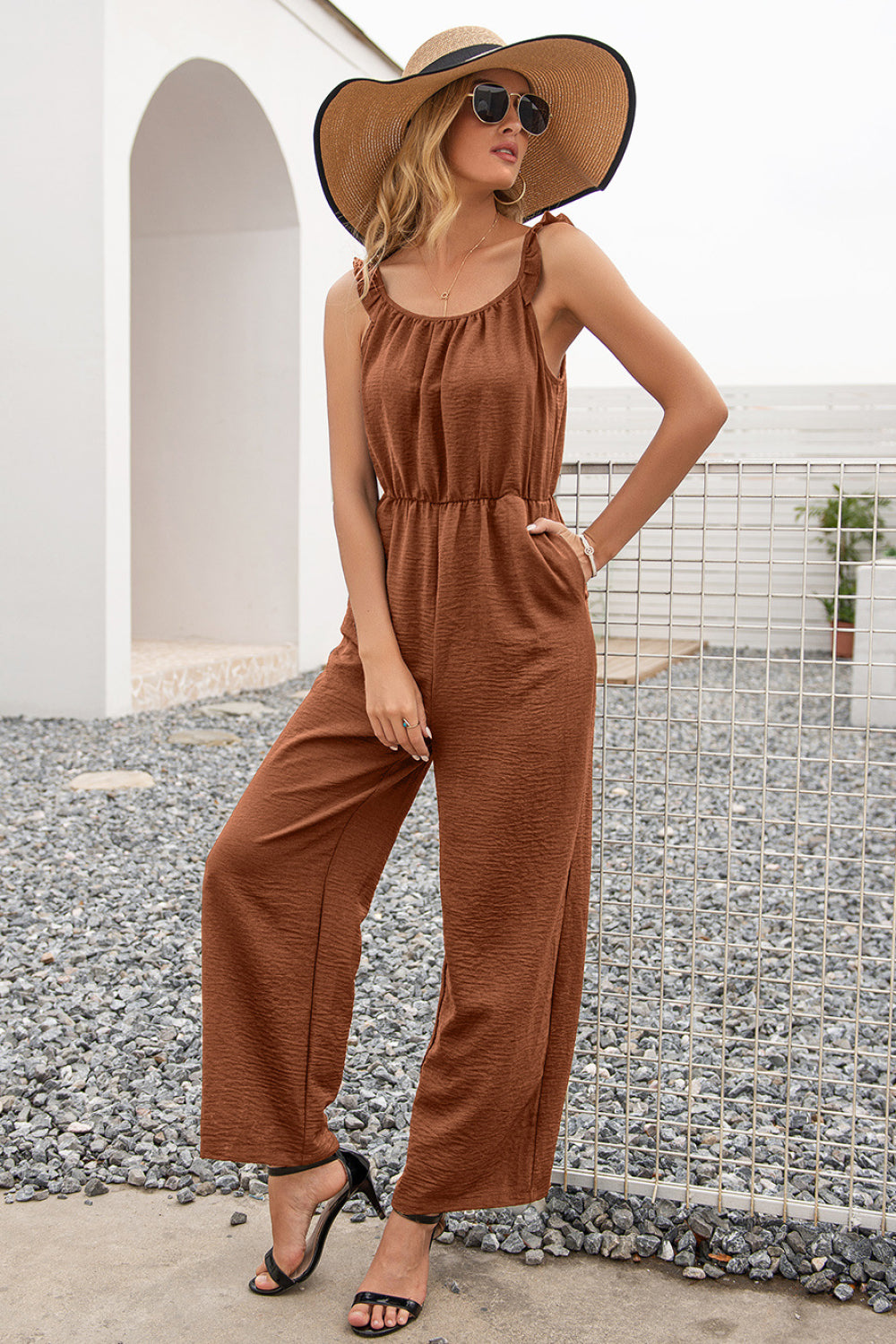Ruffle Strap Wide Leg Jumpsuit in various colors, showcasing ruffle straps, wide legs, and pockets.