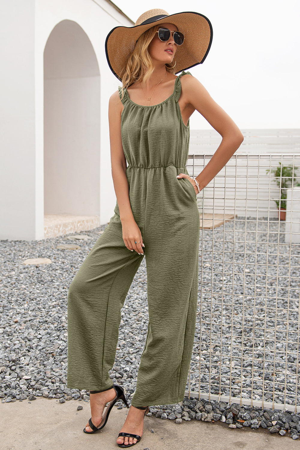 Ruffle Strap Wide Leg Jumpsuit in various colors, showcasing ruffle straps, wide legs, and pockets.
