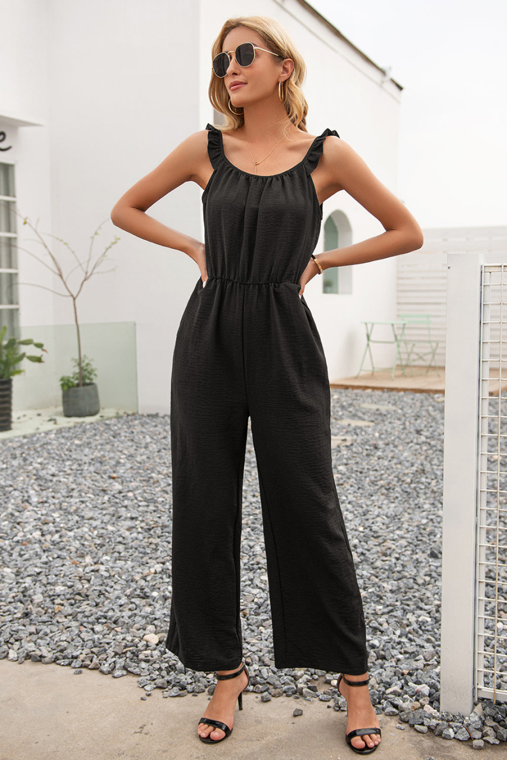Ruffle Strap Wide Leg Jumpsuit in various colors, showcasing ruffle straps, wide legs, and pockets.