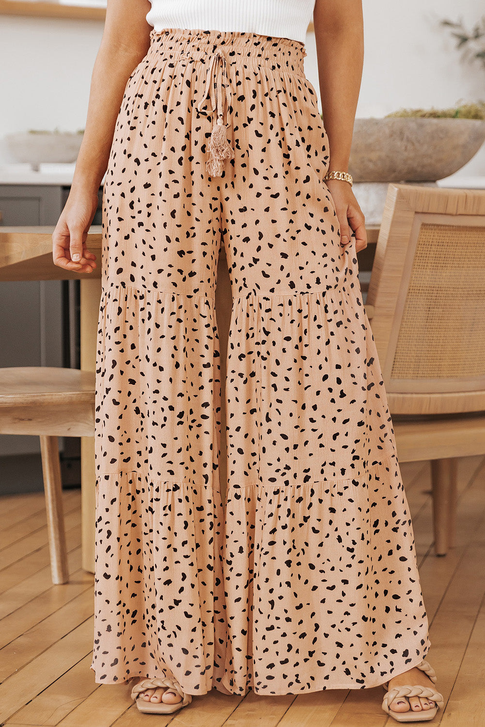 Ruffle Wide Leg Dalmatian Palazzo Pants featuring a stylish Dalmatian print, ruffled design, and wide leg fit, perfect for casual wear.