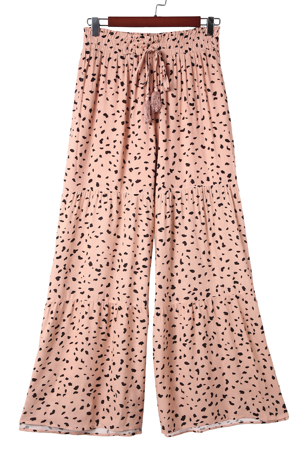 Ruffle Wide Leg Dalmatian Palazzo Pants featuring a stylish Dalmatian print, ruffled design, and wide leg fit, perfect for casual wear.