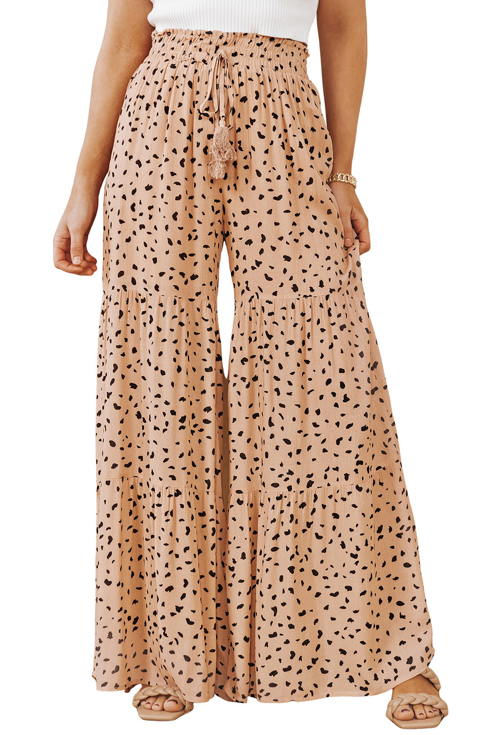 Ruffle Wide Leg Dalmatian Palazzo Pants featuring a stylish Dalmatian print, ruffled design, and wide leg fit, perfect for casual wear.