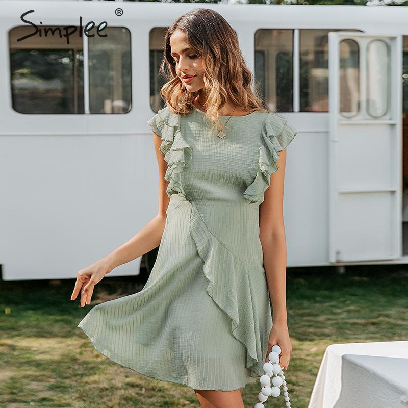 A stylish ruffled O-neck short summer dress for women, featuring a sleeveless design and a striped pattern, perfect for warm weather occasions.