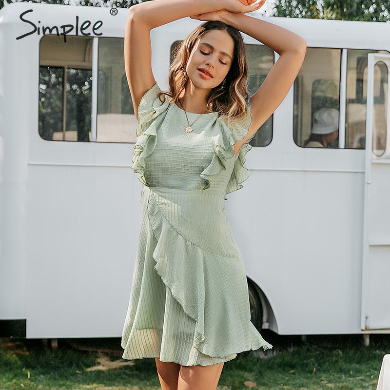 A stylish ruffled O-neck short summer dress for women, featuring a sleeveless design and a striped pattern, perfect for warm weather occasions.