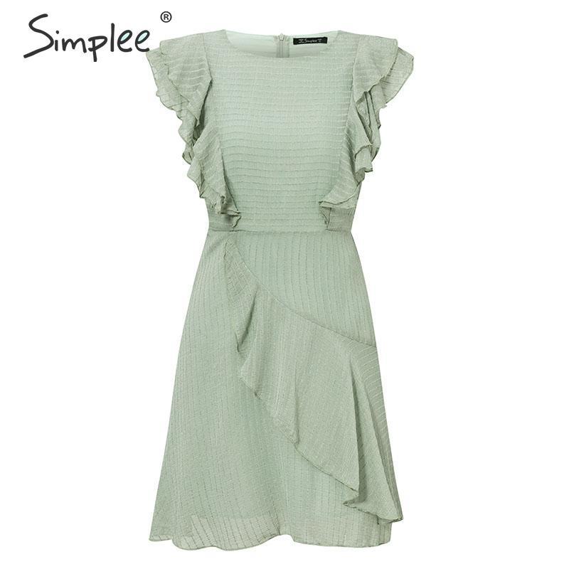 A stylish ruffled O-neck short summer dress for women, featuring a sleeveless design and a striped pattern, perfect for warm weather occasions.