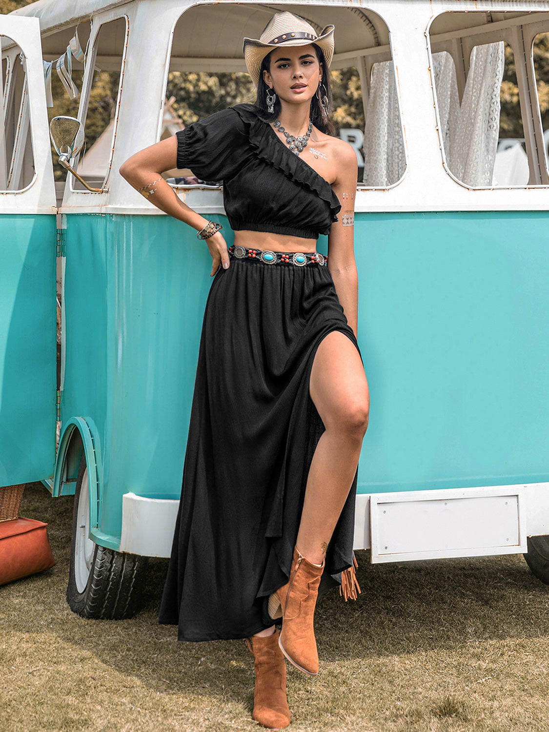 Ruffled single shoulder top paired with a stylish slit skirt, showcasing a chic two-piece outfit perfect for various occasions.